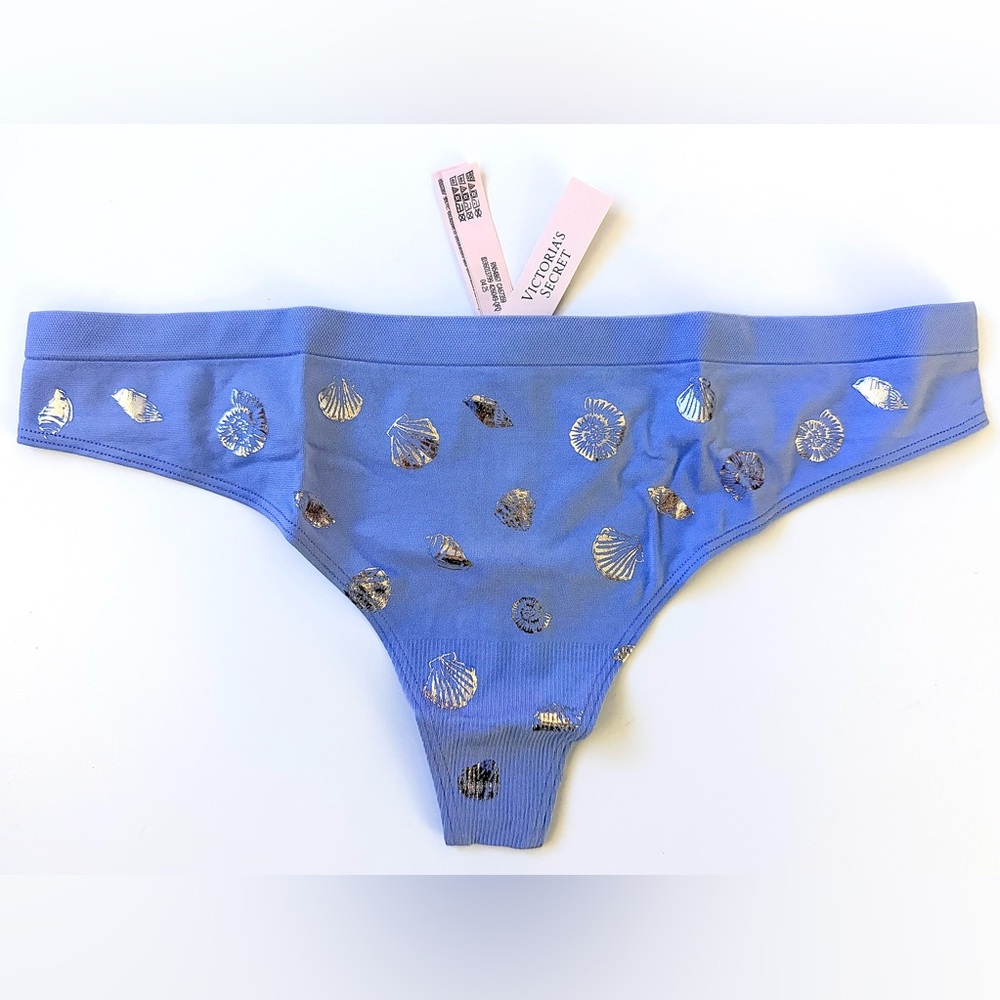 🐚💙🐚🩵NWT/ Victoria's Secret Women’s Seamless Thong in Blue with Gold Seashells